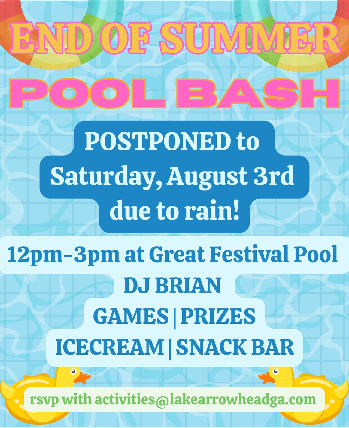 Pool Bash Postponed to Aug. 3